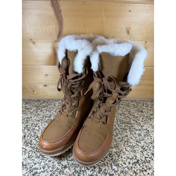 Dream Pairs Shoes - Dream Pairs Womens Mid Calf Snow Boots Tan Brown Faux Fur Trim Lace Up Boots